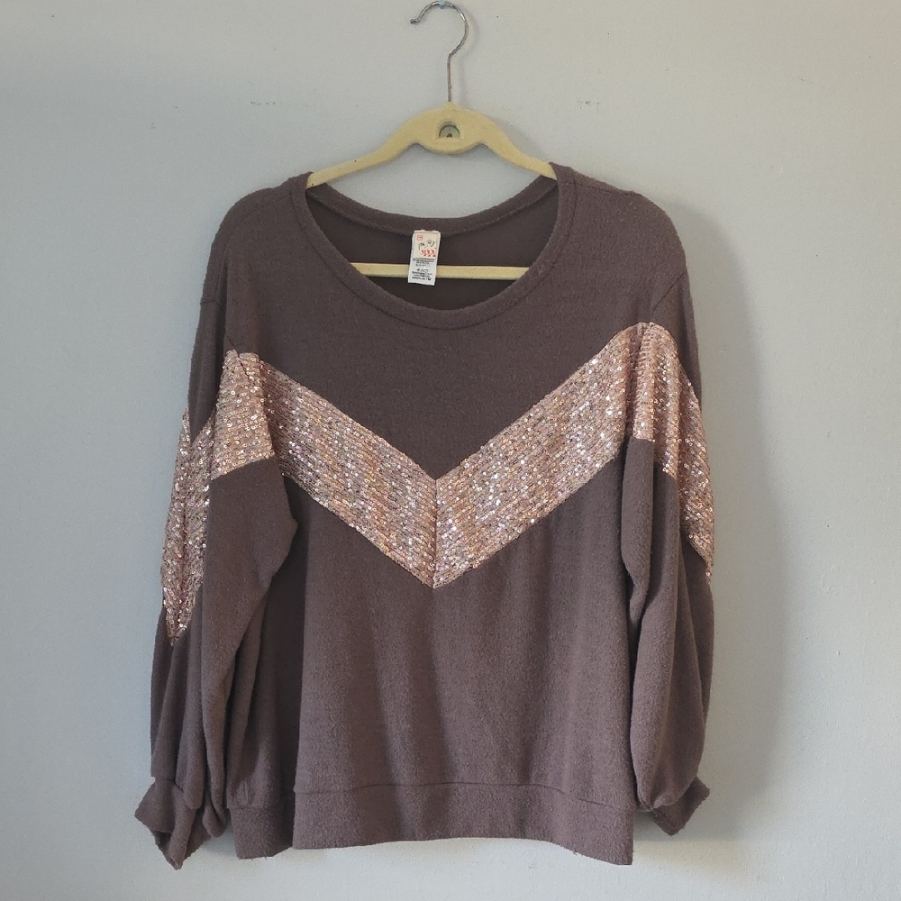 7th Ray Brown Sequin Chevron Sweatshirt Sz M